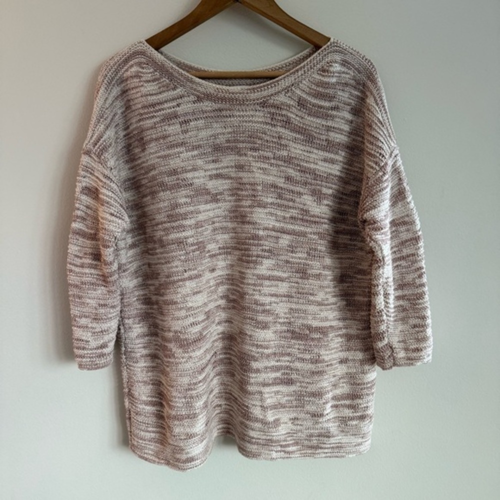 Pure Jill Women's Knit Sweater Beige Brown Striped‎ 3/4 Sleeve Pullover